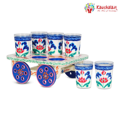 "White Lotus"  Hand painted Tea set with Cart