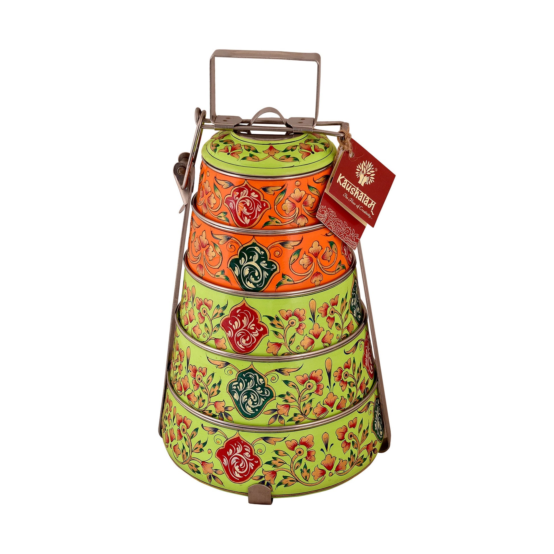 Kaushalam hand painted 5 tier steel pyramid tiffin: Orange & Green