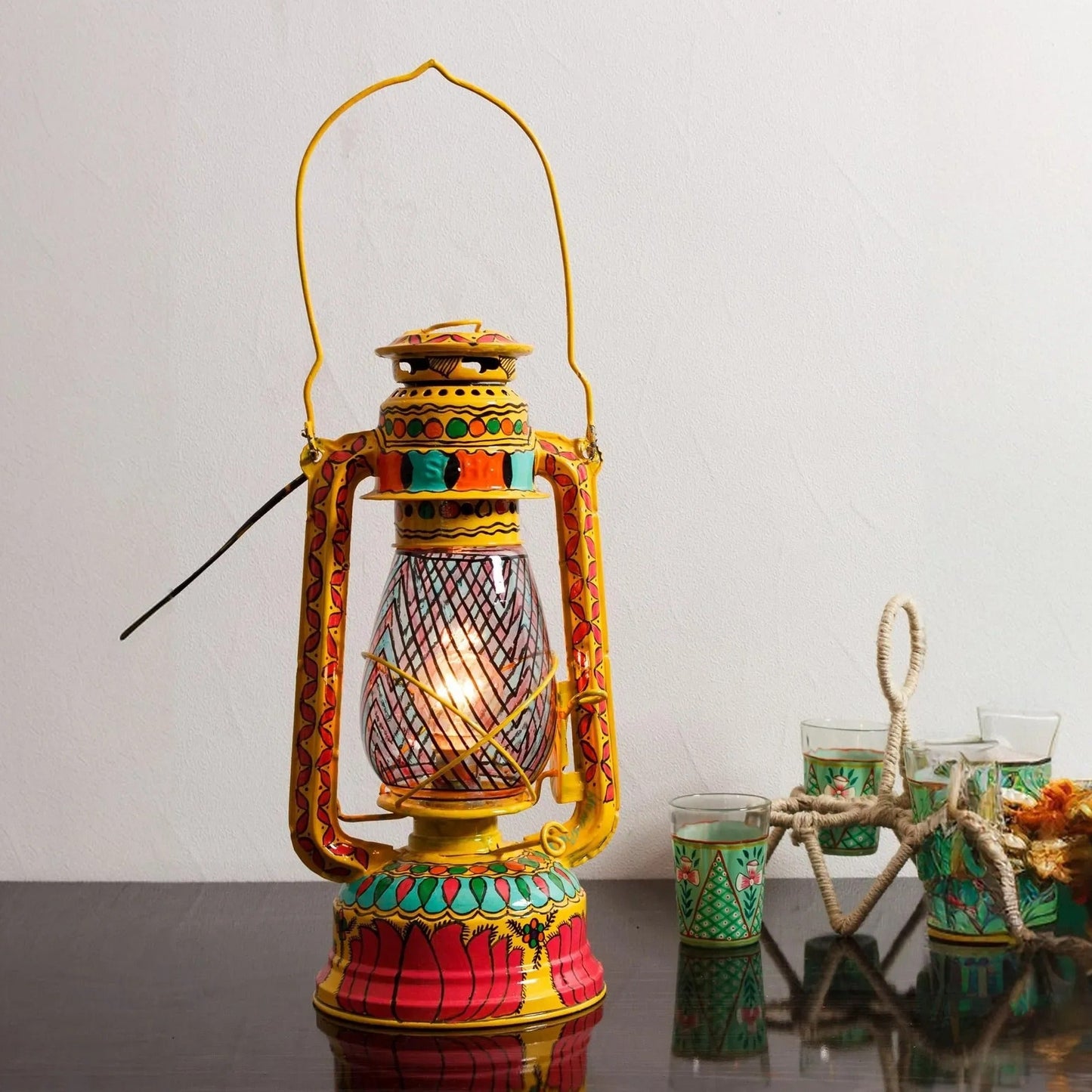 Hand Painted Hurrican Lantern with Bulb : Yellow Lotus