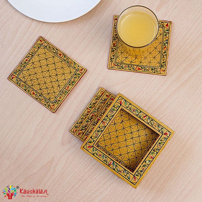 Hand Painted Coasters set of 6 with holder - Golden Mughal Art