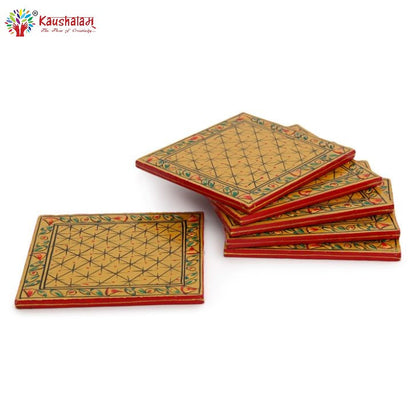 Hand Painted Coasters set of 6 with holder - Golden Mughal Art