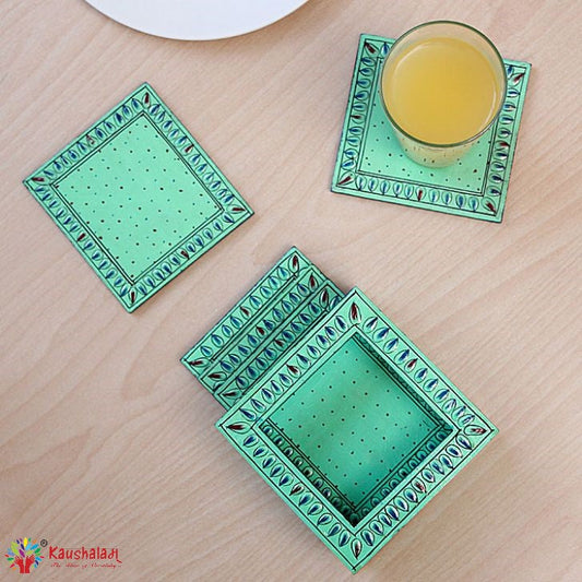 Hand Painted Coasters - Aqua Green, Mughal Art