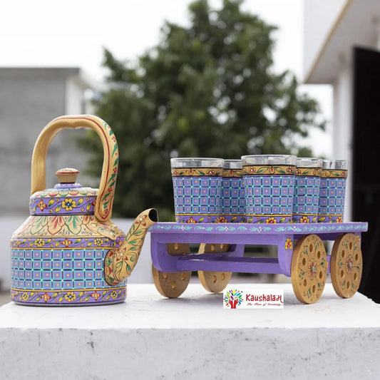 Tea Set Veri Peri - Hand Painted Tea Kettle, 6 glass & A Cart Set