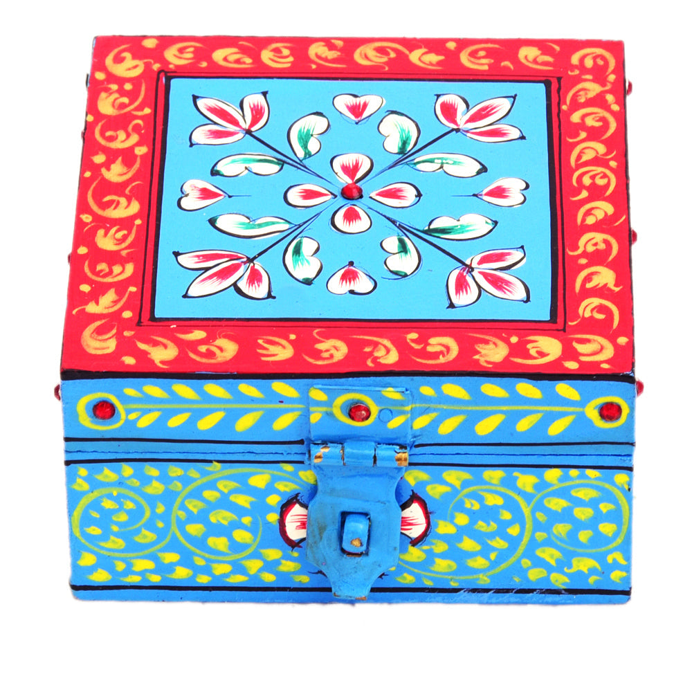 Hand painted Wooden Square Box : Jewelry Box, Sky Blue Coin Box