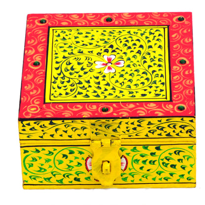 Hand painted Wooden Square Box : Jewelry Box, Yellow Knick-Knack  Box