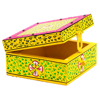 Hand painted Wooden Square Box : Jewelry Box, Yellow Knick-Knack  Box