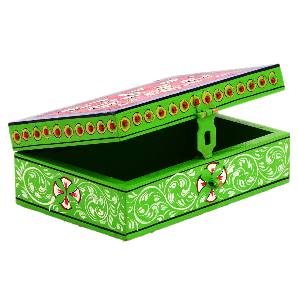 Hand painted Rectangular Wooden Box : Enchanting Red & Green Box