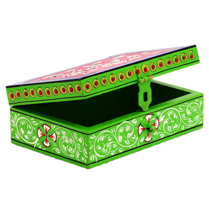 Hand painted Rectangular Wooden Box : Enchanting Red & Green Box