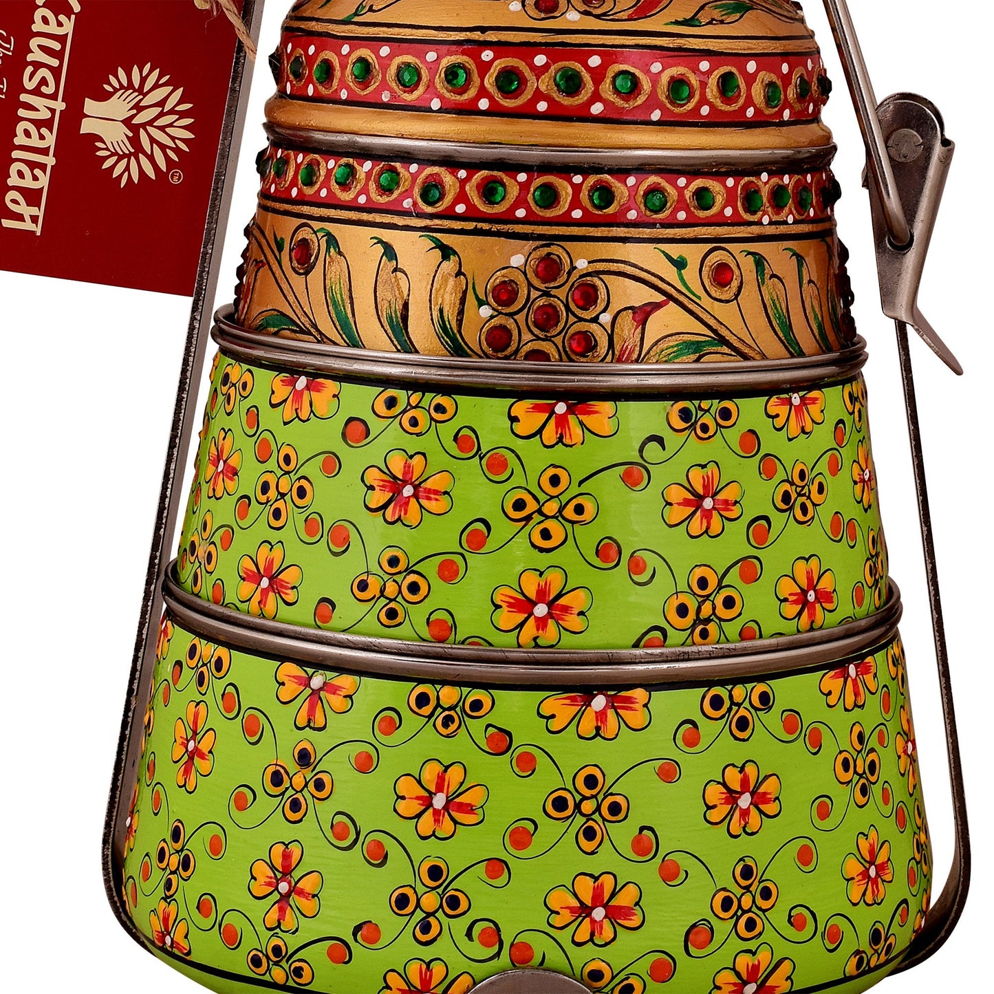 Hand Painted 3 Tier Steel Lunch Box- Indian-style tiffin carrier, Bombay Dabba