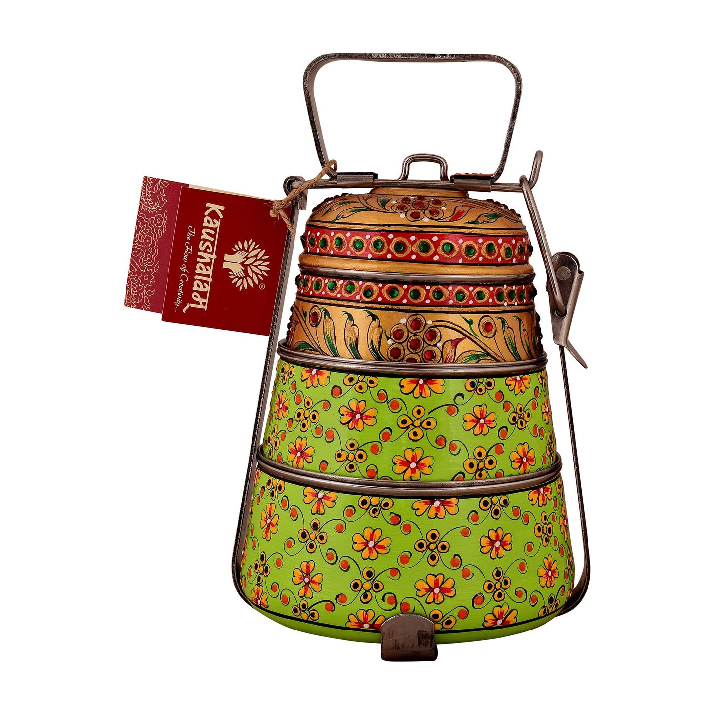 Hand Painted 3 Tier Steel Lunch Box- Indian-style tiffin carrier, Bombay Dabba