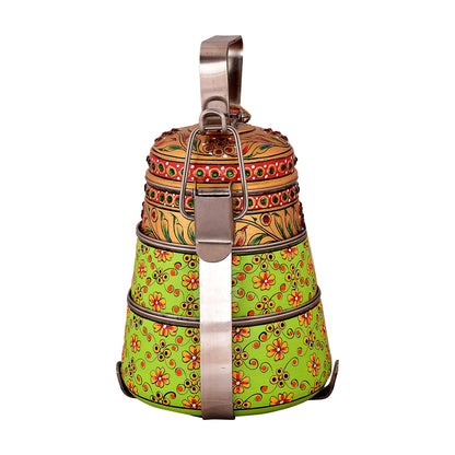 Hand Painted 3 Tier Steel Lunch Box- Indian-style tiffin carrier, Bombay Dabba