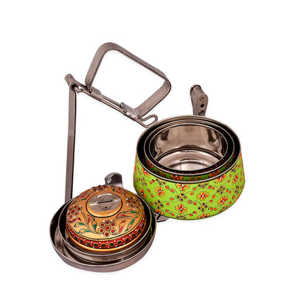 Hand Painted 3 Tier Steel Lunch Box- Indian-style tiffin carrier, Bombay Dabba