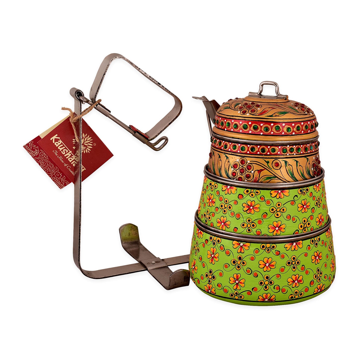 Hand Painted 3 Tier Steel Lunch Box- Indian-style tiffin carrier, Bombay Dabba