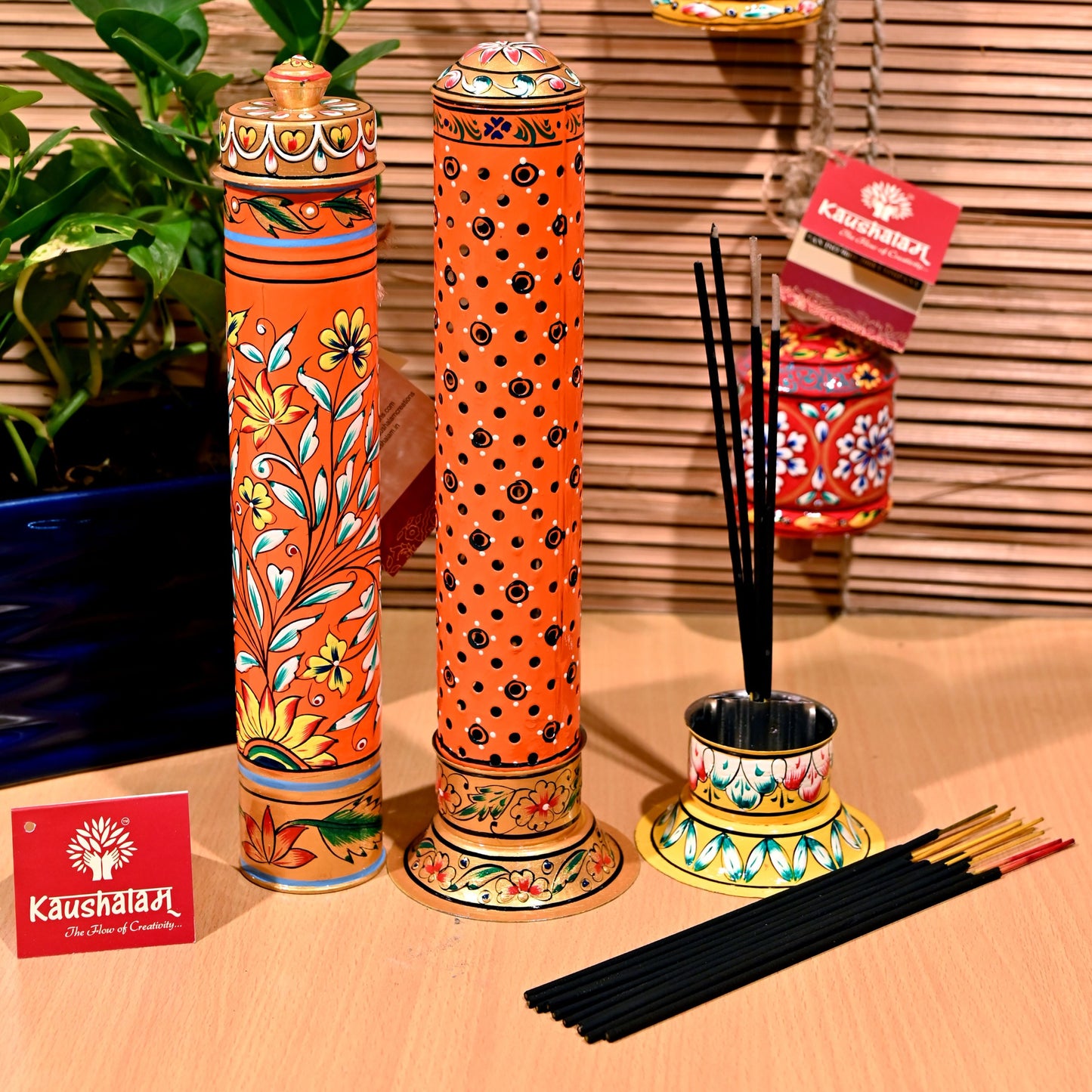 Incense Stick Burner & Holder Set of 2 - Orange Floral