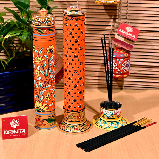 Incense Stick Burner & Holder Set of 2 - Orange Floral