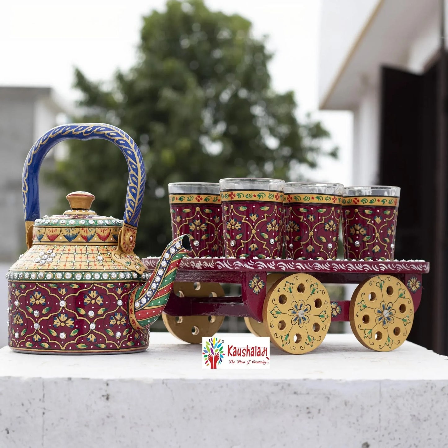 "AAFREEN" - Hand painted Tea set with tea trolley