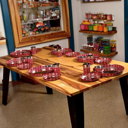 Hand Painted Steel Dinner Set 36 Pieces | Dinner Plate, Quarter plate, Bowl, Glass, Spoon- Fork