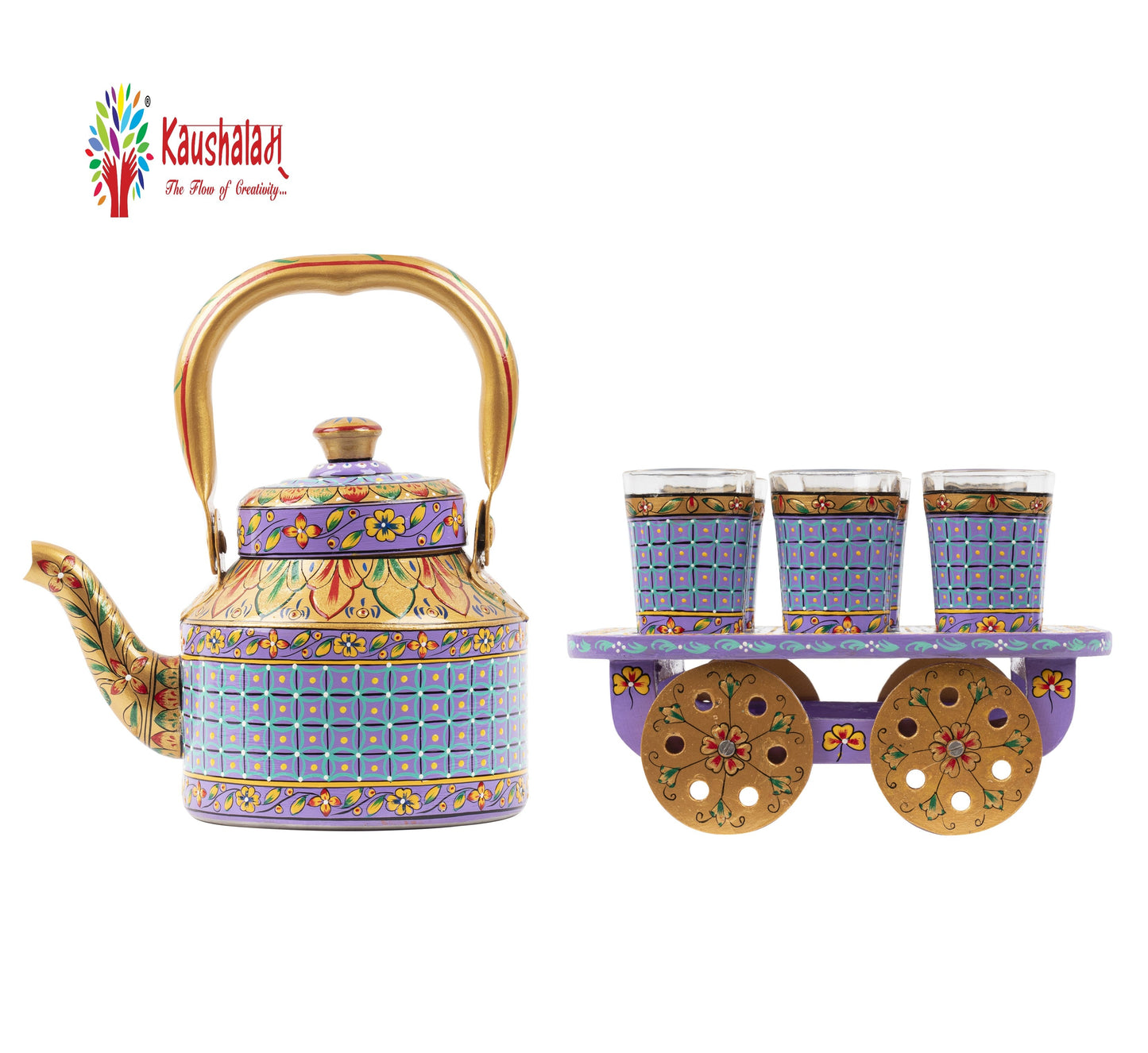 Tea Set Veri Peri - Hand Painted Tea Kettle, 6 glass & A Cart Set