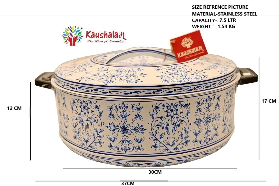 Hand Painted Steel Hot Pot Casserole - Elegant White & Blue