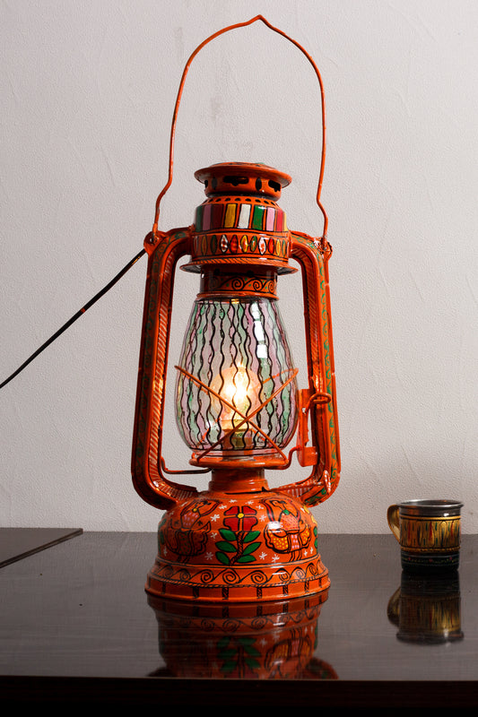 Hand Painted Hurrican Lantern with Bulb : Orange Celebration