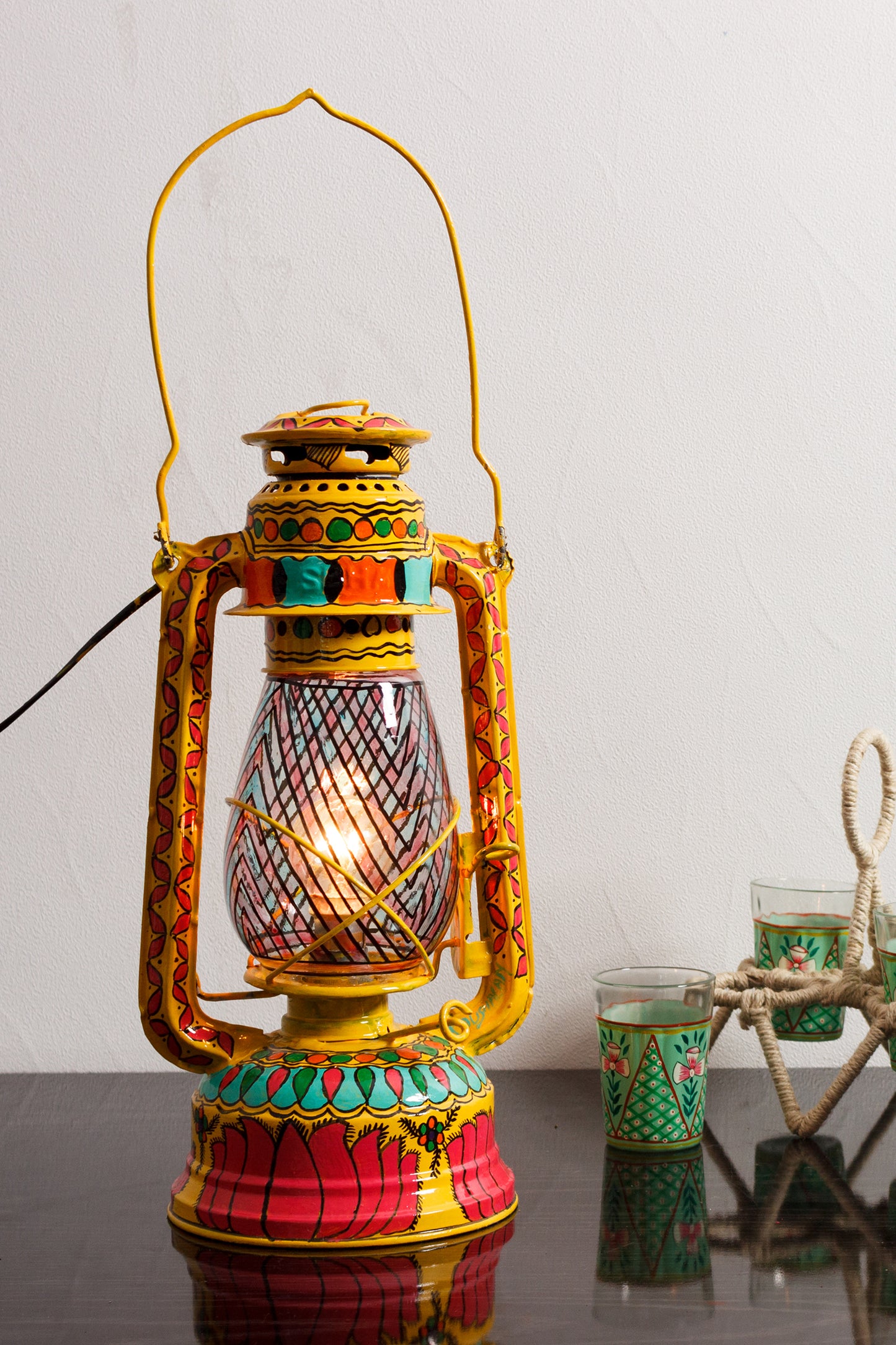 Hand Painted Hurrican Lantern with Bulb : Yellow Lotus