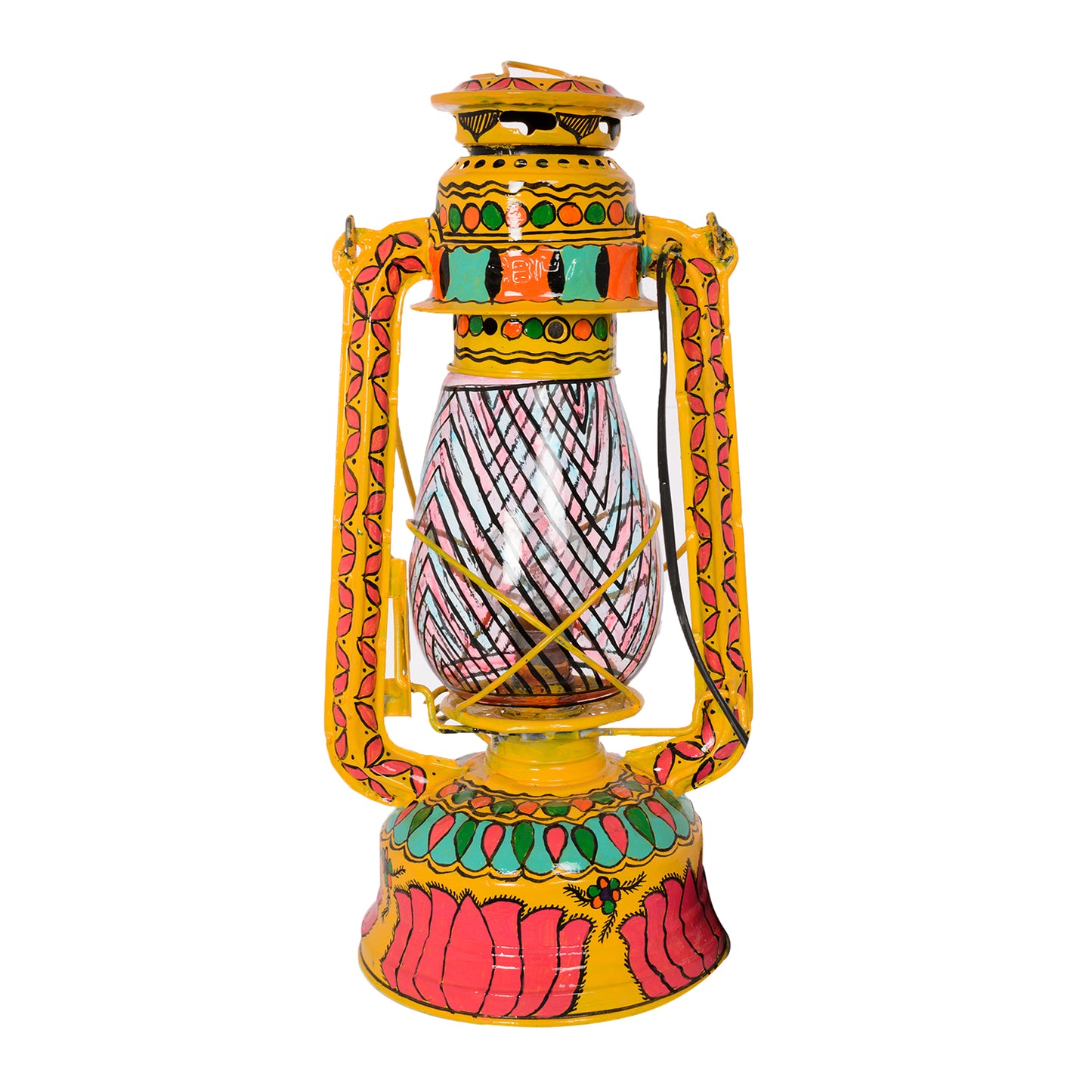 Hand Painted Hurrican Lantern with Bulb : Yellow Lotus