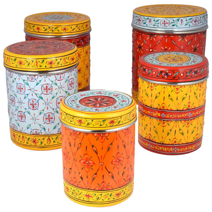 Canister set of 5 containers: Hand Painted Storage Stainless Steel Nesting Jars