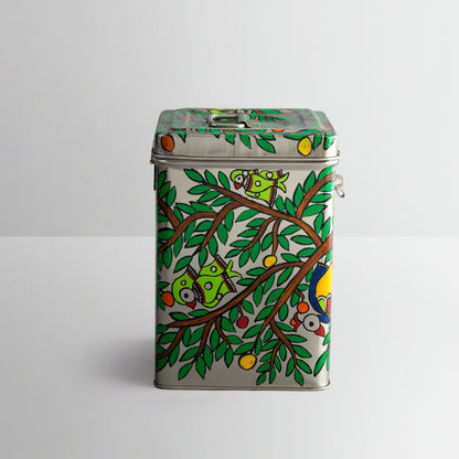 Traditional Canister : "Parrots on the Tree" Madhubani Painting Tin