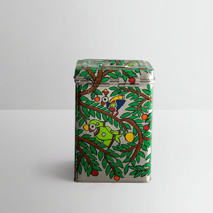 Traditional Canister : "Parrots on the Tree" Madhubani Painting Tin