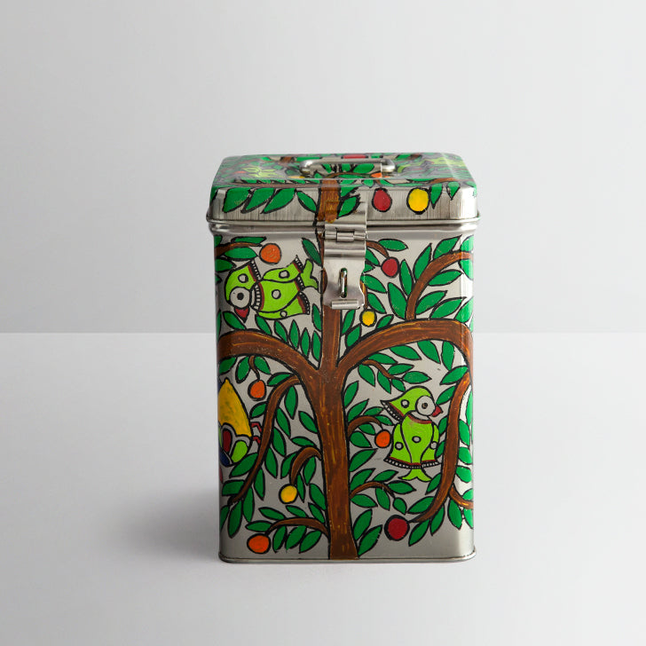 Traditional Canister : "Parrots on the Tree" Madhubani Painting Tin