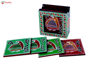 Hand Painted Madhubani Coasters set of 6 with holder - Red & Green Doll