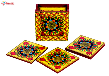 Hand Painted Madhubani Coasters set of 6 with holder -MANDALA