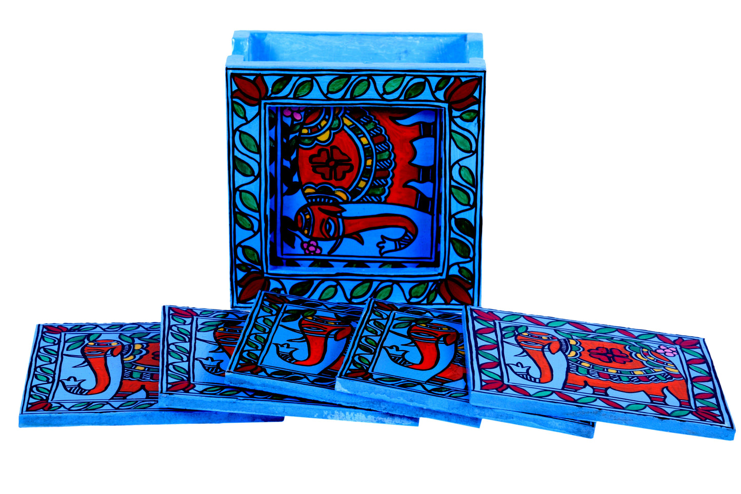 Hand Painted Madhubani Coasters set of 6 with holder - Blue Elephant