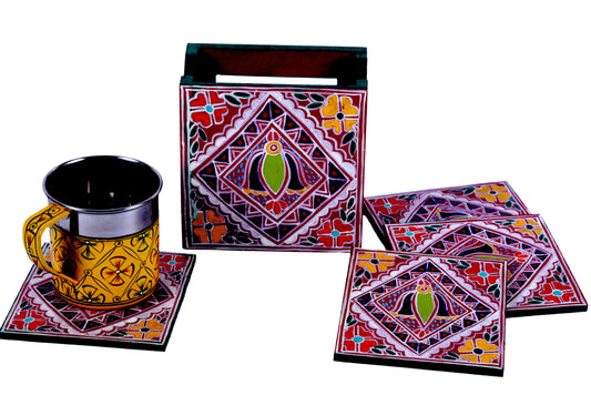 Hand Painted Madhubani Coasters set of 6 with holder - Folk Art Bird