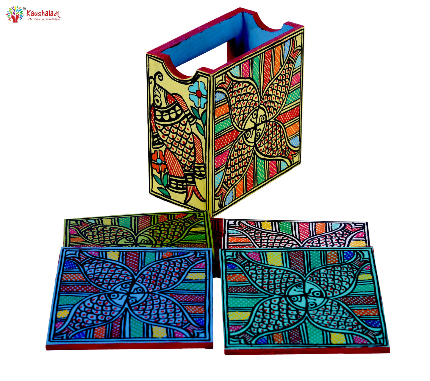 Hand Painted Madhubani Multicolored Coasters set of 6 with holder - Folk Art Fish