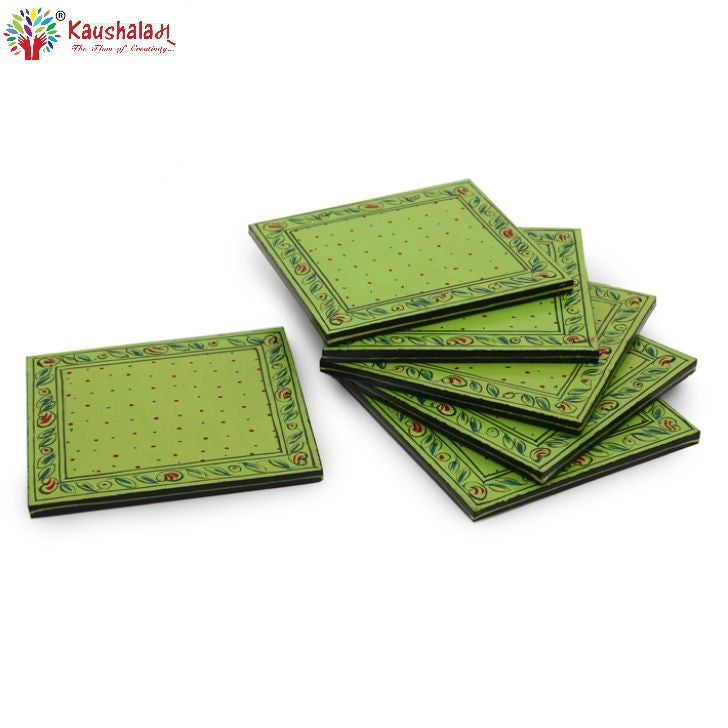 Hand Painted Coasters -Lime Green , Mughal Art