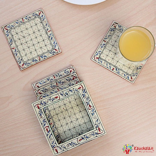 Hand Painted Coasters - White, Mughal Art