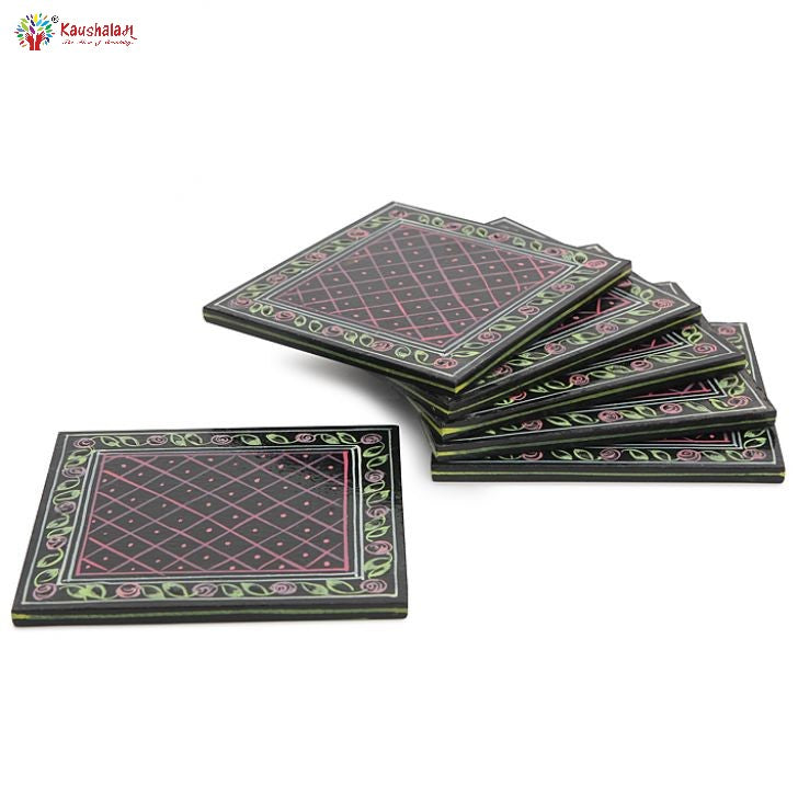 Hand Painted Coasters set of 6 with holder - Black Mughal Art