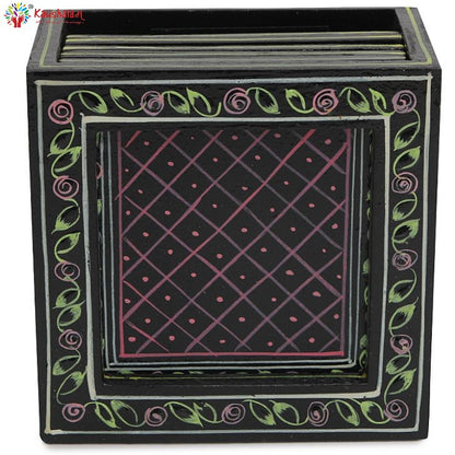 Hand Painted Coasters set of 6 with holder - Black Mughal Art