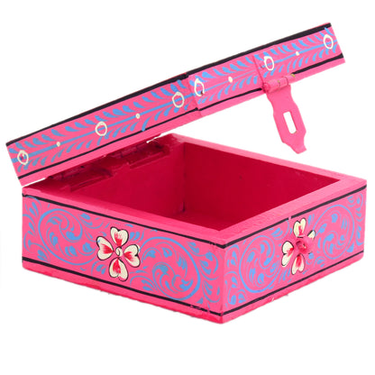 Hand painted Wooden Square box : Pink Jewelry Box