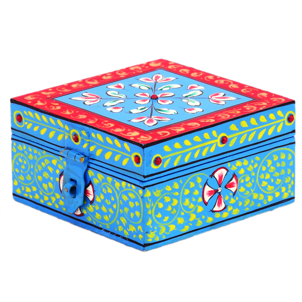 Hand painted Wooden Square Box : Jewelry Box, Sky Blue Coin Box