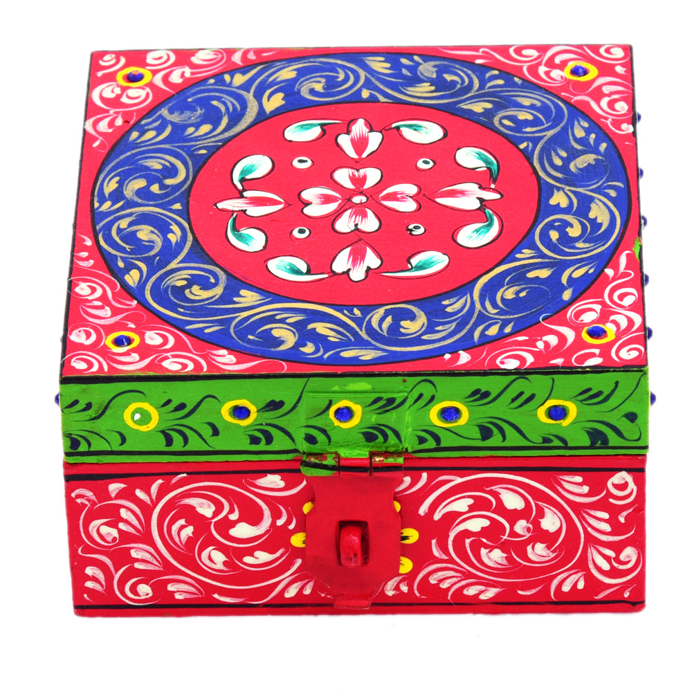 Hand painted Wooden Square Box : Jewelry Box, Red Knick-Knack Box