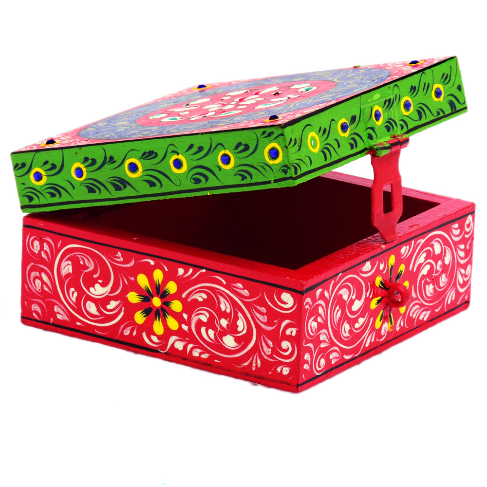 Hand painted Wooden Square Box : Jewelry Box, Red Knick-Knack Box