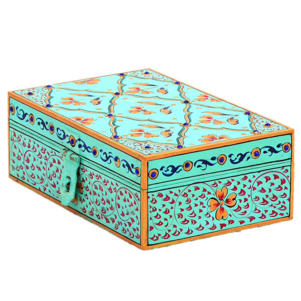 Hand painted Rectangular Wooden Box : Jewelry Box, Yellow Knick-Knack  Box