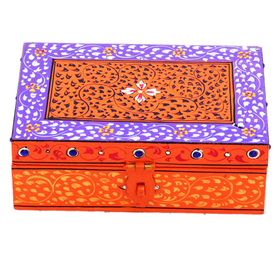 Hand painted Rectangular Wooden Box : Jewelry Box, Orange Artistic Box