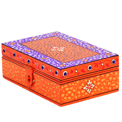 Hand painted Rectangular Wooden Box : Jewelry Box, Orange Artistic Box