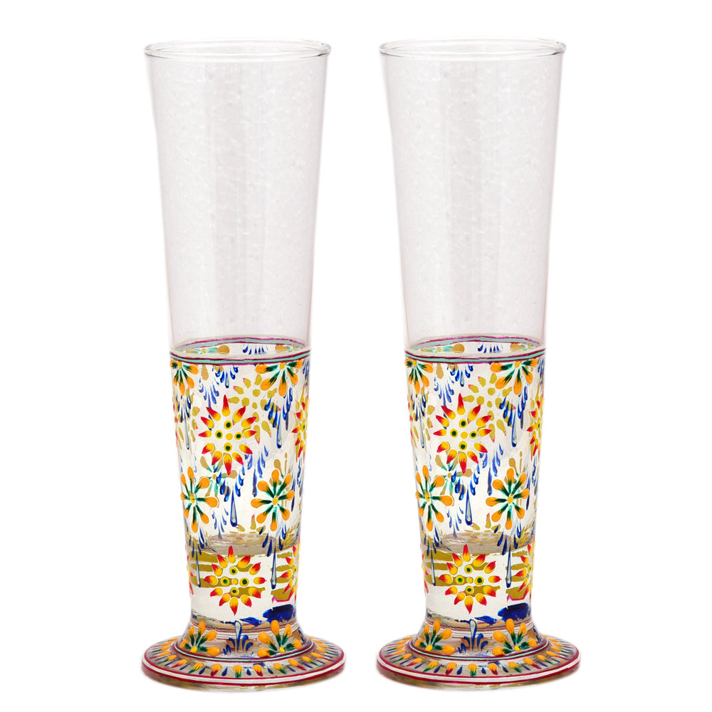 Hand Pinted Tall Beer Glass Set, 420ml, Set of 2 : Mughal Garden Yellow