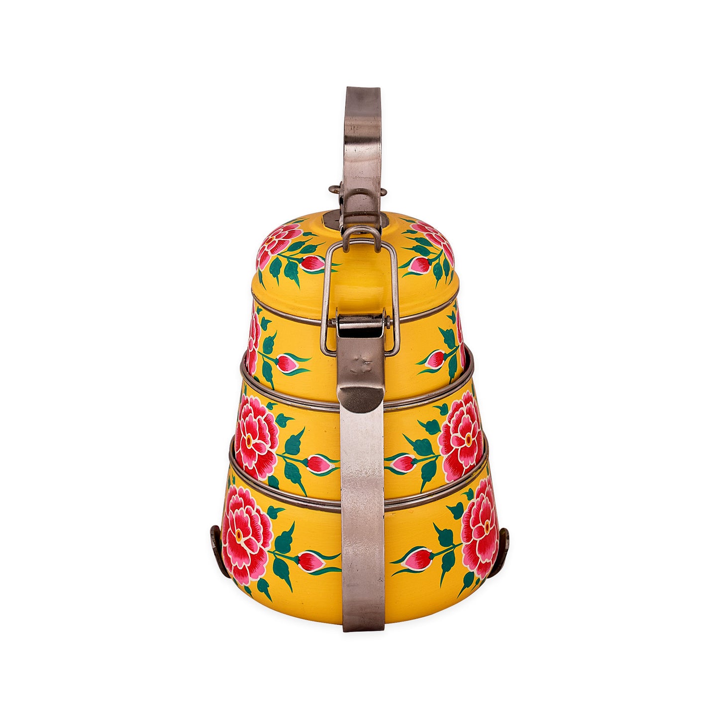 Hand Painted 3 Tier Steel Pyramid Lunch Box-  Yellow Floral Kashmiri