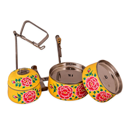 Hand Painted 3 Tier Steel Pyramid Lunch Box-  Yellow Floral Kashmiri