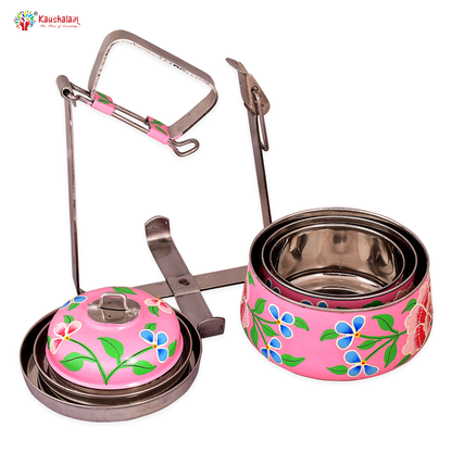 Hand Painted 3 Tier Steel Lunch Box- "Pink Floral"